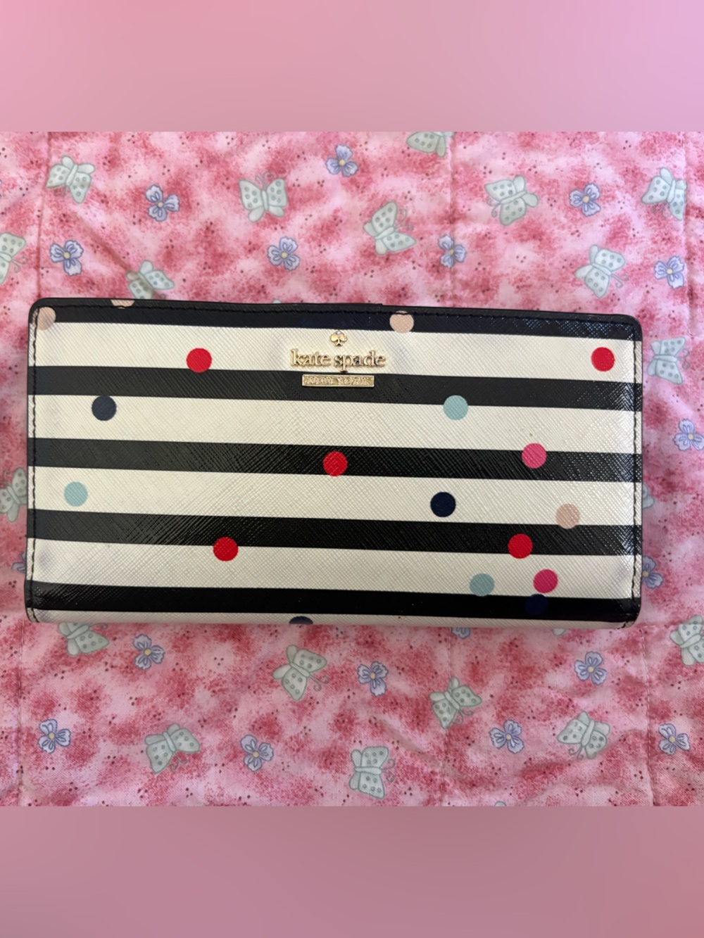 kate spade Black & White Striped Wallet with Multicolor Dots